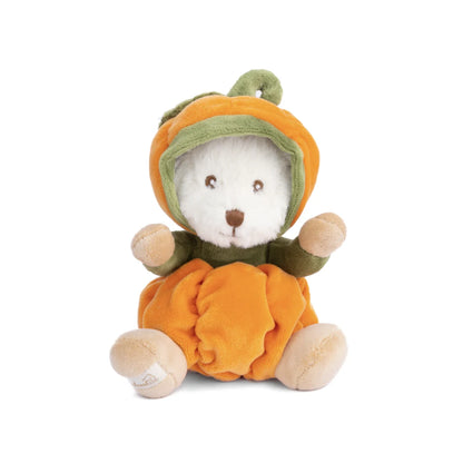 Ziggy Pumpkin knuffelbeertje in een pompoenpakje van Bukowski Sweden – 15 cm, vooraanzicht met capuchon