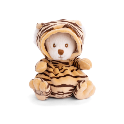 Ziggy Tijger knuffelbeertje in gestreept tijgerpakje met capuchon, vooraanzicht