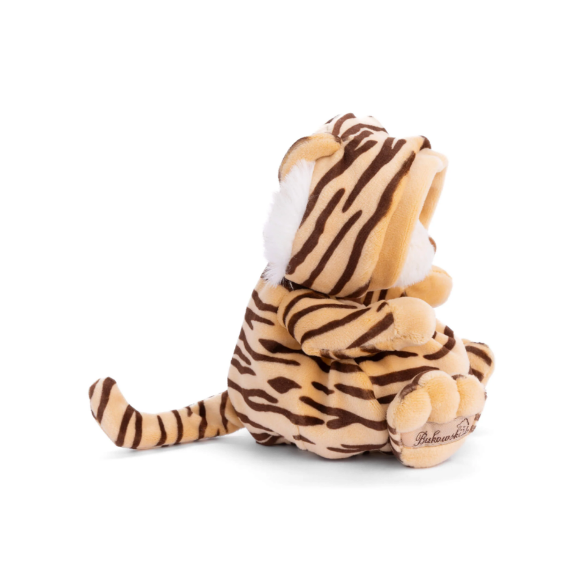 Ziggy Tijger knuffelbeertje in gestreept tijgerpakje met capuchon, zijaanzicht